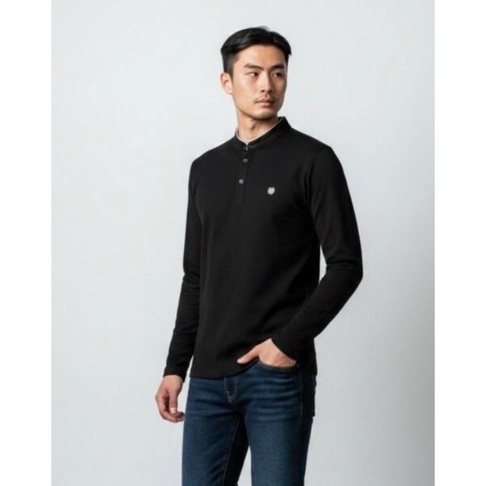 The Kooples Mens Black Cotton Pique Mandarin Collar Long Sleeve Polo Shirt S New